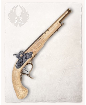 Pistolet de type flintlock en metal avec crosse en ivoire Pistolet de type flintlock en metal avec crosse en ivoire