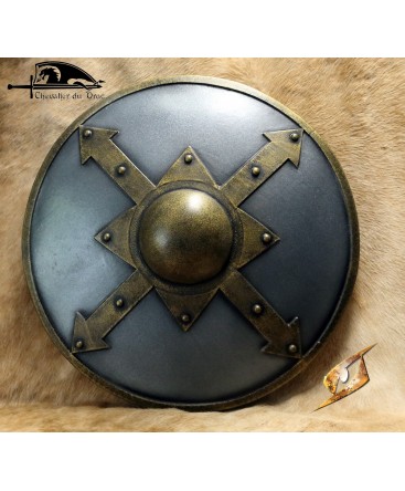 Un bouclier maniable avec un aspect acier et bronze pour l'ombo Un bouclier maniable avec un aspect acier et bronze pour l'ombo