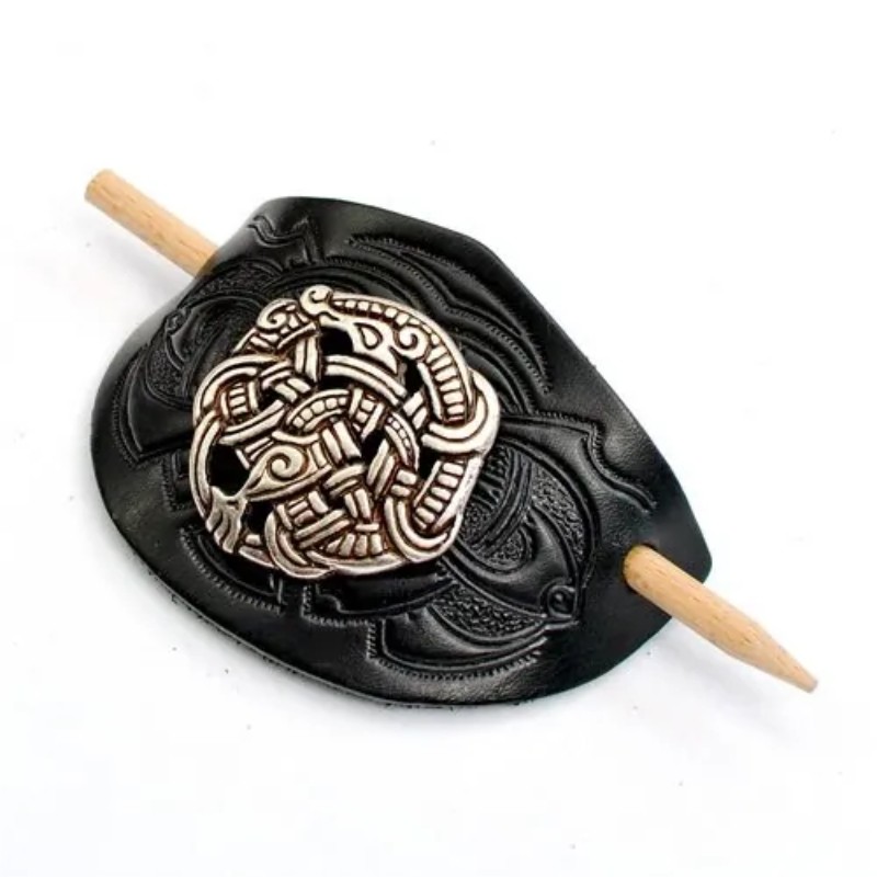 BARRETTE À CHEVEUX VIKING EN CUIR ET CONCHO METAL