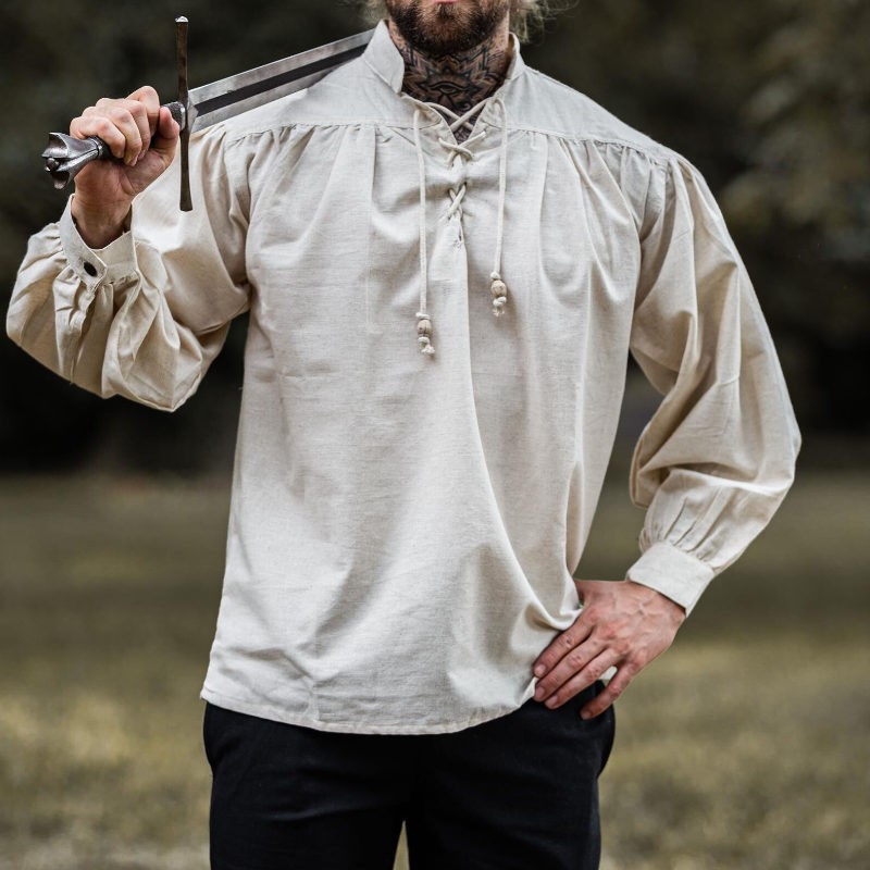 Chemise En Lin Décontracté Homme Chemise Homme Lin Et Coton - Style Médiéval Viking - Lacets - Manches Longues - Décontractée Chemise Pirate Femme