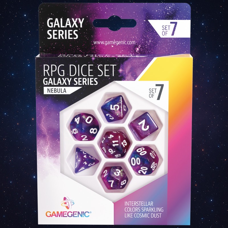 SET DE 7 DÉS JDR A PAILLETTES - COULEUR NEBULEUSE SET DE 7 DÉS JDR A PAILLETTES - COULEUR NEBULEUSE
