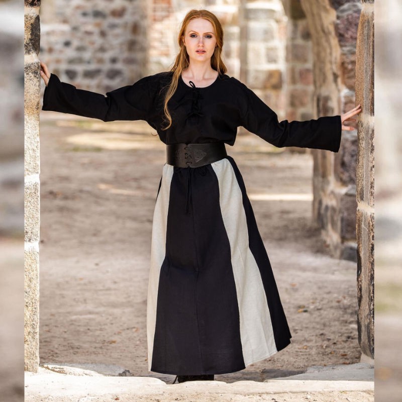 Jupe bicolore en coton et lin largement ceinturée